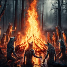 close up one large bonfire with its flames rising high in a clearing, around the bonfire many anthropomorphic wolf humanoids crying, dancing, singing and just watching the flames. rain, cold deep colors, around them in the background dark trees with huge trunks, rainy day, high contrast, high detail, atmospheric, dark fantasy, sci-fi atmosphere, cinematic