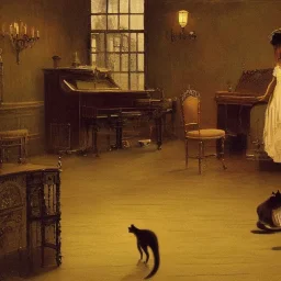 A cat in a historic dress is playing Piano. Background Music notes are dancing. Painting style like John Atkinson Grimshaw