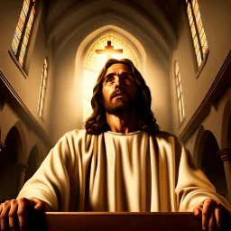 Jesus appear inside a gloomy church with his fist open, bright light from the roof