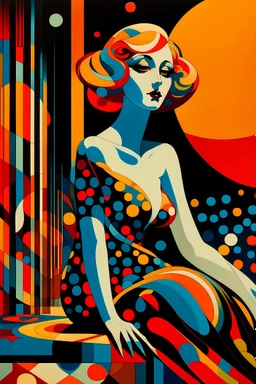 A sultry female model by Kandinsky and Eyvind Earle. She holds a cigarette