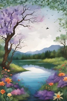 Create an magazine cover related to mental health, the magazine should be in A4 portrait, make the background color be dim with cool lighting , for example blue or purple, however do not make it dark. the background cover should have a kid in the center of the magazine. images of nature, such as landscapes, flowers, or serene water scenes in the style of drawing.