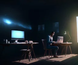 man coding in his computer in a dark room with walls, sky stars