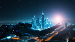 a huge modern city as build In the open robotic hand ,blue sifi ,stars in dark night sky in blury background