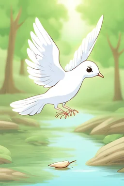 The dove quickly plucked a leaf and dropped it into the river near the struggling ant. The ant moved towards the leaf and climbed up onto it. Soon, the leaf drifted to dry ground, and the ant jumped out. She looked up to the tree and thanked the dove.