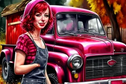 digital glossy airbrush realistic painting of a woman with fuscia pink wavy bob hair style with bangs, red lips, long lashes, wearing pearl jewelry, black and white polka dot dress, bare feet leaning on an old rusted Ford pickup truck, old rustic red barn in the background with redbud trees, with vibrant colors, glitter overlays, and bokeh effects, incorporating iridescent elements and a highly textured style to create an ethereal atmosphere.