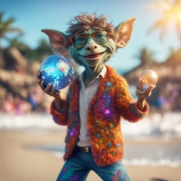 Bill Gates as hairy groove funk kobold hippie holding disco ball on beach ,bokeh like f/0.8, tilt-shift lens 8k, high detail, smooth render, down-light, unreal engine