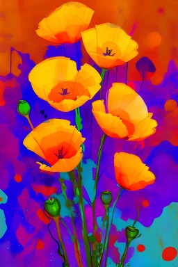 California Poppies. Colored ink, poured and spattered, on paper, center on canvas, clear margins, hd, 8k, sharp focus