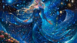 Create an image of a full body cosmic Goddess. The goddess should be depicted as a beautiful and powerful figure, surrounded by cosmic stars. Her hair should be long, blond and flowing, and she should be dressed in a flowing gown blue celestial robe. In the background, include imagery of pink flowers, blue sky,trees. The image should evoke a sense of joy, celebration, and spiritual connection to nature.