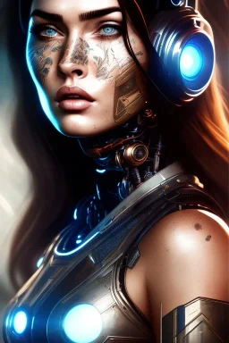 wonderfull portrait, megan fox face, half side face robot rust, long black hair, intricate, sci-fi, cyberpunk, future,