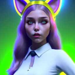 waitress teenager, Caucasian race, cat ears latex headband, rounded face, short hair, circles makeup, striped shirt, vibrant color, highly detailed, gradient background, concept art, smooth, 16 bit, unreal engine 5, god rays, ray tracing, RTX, lumen lighting, ultra detail, volumetric lighting, 3d, finely drawn, high definition, high resolution.