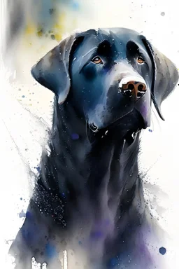 A portrait of black Labrador by Willem Haenraets, watercolor, wet on wet and splattering techniques, centered, perfect composition, abstraction, surrealism