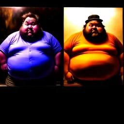 (fineart:1.5, masterpiece1.5) (realism:1.5) award winning picture of award winning fat, beardedd, 'fat man' (watching tv:1.8),, two panels, 50 percent is taken from the pov of the tv, the other 50 percent is from the point of view of 'fat man', his vision streaks of blue from the tv shining in his eyes, breaking news is on tv