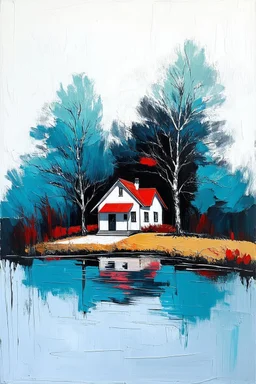 A dreamy and artistic abstract oil painting of a house in the wood on a lakfeaturing two elegantly . Thick, expressive brushstrokes bring texture and depth, with soft blues, black, and red tones blending seamlessly to create a flowing, ethereal effect. The minimalist yet vibrant composition is set against a clean white background, enhancing its modern and stylish appeal. The luminous, fluid movement of the f house