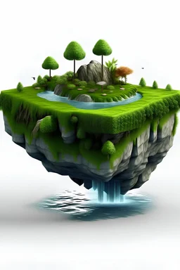 realistic floating island with a waterfall going down