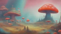Genera una fotografía intrigante, en la que un grupo de extrañas personas es atraída por una extraña nave extrarrestre con forma de hongo gigante y pequeños hongos luminosos sobrevuelan alrededor. Con una iluminacion evocadora y mucha neblina. con una paleta de colores psicodélica