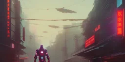 iron man, full boy, A professional night photo of a far-future cyberpunk city, shanghai, by Alena Aenami and blade runner and akira, trending on Artstation, smooth, sharp focus, higly detailed, crowded