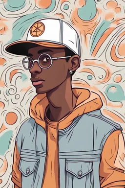 Cartoon side portrait of a 20-year-old color man in a summer shirt with a etherume symbol in nice hoodie and hat