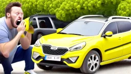 guy arguing on phone next to his kia sportage made out of lemons