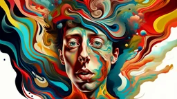 A surreal digital illustration showcasing a fragmented and distorted self-portrait, symbolizing the fragmented sense of self experienced by someone with a personality disorder. The image features multiple overlapping images of the same person, each with a different expression and posture, creating a sense of inner discord and confusion. The background is a swirling vortex of colors and shapes, representing the chaotic nature of the individual's mind. The overall composition is designed to challe