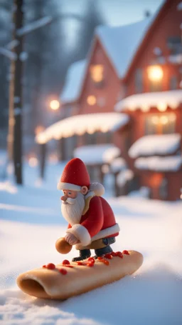 "nisse" rolling a really warm hot dog to showel the snow and get a nice path, bokeh like f/0.8, tilt-shift lens 8k, high detail, smooth render, down-light, unreal engine, prize winning