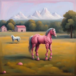 a big muscle man sitting on a pink horse.like 19th painting