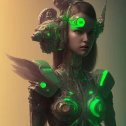 A beautiful portrait of a single minded cute cyberpunk woman, a short wolf haircut lime green color scheme, high key lighting, volumetric light high details with a lizard like alien with feathers and claws, 3/4 torso chestplate. Pyramid tattoo on her forehead