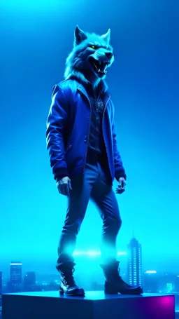full body shot of a happy gentle kind grinning werewolf standing on top of a skyscraper, smiling eyes wide open: daytime: confident, stylish, Matrix film style, neon lighting, cool blue hue on sleek metallic surroundings, the werewolf's attire is avant-garde and edgy, fashionable essence of 2029, highly detailed digital painting, intricate details, Sharp focus, smooth lines, futuristic allure, captivating, visually stunning