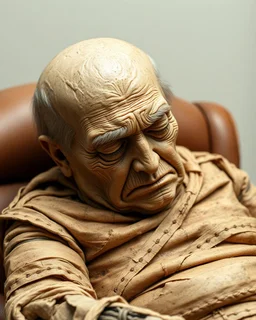 a chubby really old decomposing realistic male mummy, looks similar to donald trump, eyes closed, leaned over in a brown chair