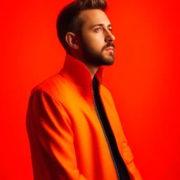 high quality photography 30 year old handsome developer man, stock photo premium, epic view, bright background, low-angle shot, closeup. tennis jacket, orange background. profile picture.