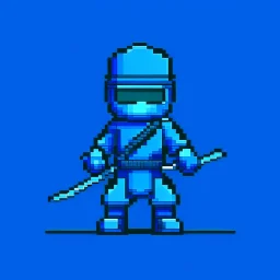 a pixel art-style simple 32-bit Ninja with a blue outfit