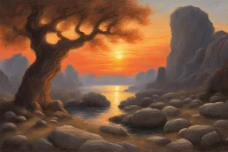 sunset, rocks, trees, dark fantasy influence, ludwig dettman impressionism paintings