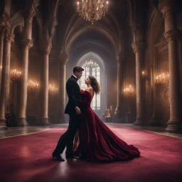 Hyper Realistic close-view of handsome-muscular-man-with-black-velvet-tuxedo dancing with a beautiful-woman wearing velvet-maroon-gown inside a huge-castle-hall with dramatic-&-cinematic-ambiance at night