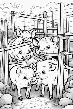 coloring page, pigs in a pen, cartoon style, thick lines, low detail, no shading