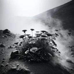 A striking quality photograph captures a wasteland, flowers, creepy, details of the dust very accentuated, glossy organic mass, adorned with minerals and rocks. Bathed in intense light, eerie, Max Ernst and Yves Tanguy style, black sun, fog, volumetric light, octane render