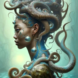 Sango fantasy, fantasy magic, intricate, sharp focus, illustration, highly detailed, digital painting, concept art, matte, art germ and Paul Lewin and Kehinde Wiley, masterpiece Japanese dancer head bronze octopus' Asian African girl nice breast Thai hair turquoise silver blue under water