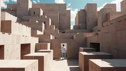 human in a labyrinth with high walls modern style in the sky