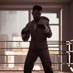 Cyberpunk Man boxing in the ring unreal 5, octane render,cinema4d, dynamic lighting, 8k, redshift render, highly, hyperrealism ultra detailed, hyper realistic.