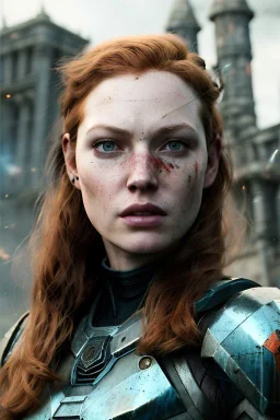 ultrarealistic, concept art,ruined city,__intricate fantasy armor__, no star, __angles__, 25 year old woman, strikingly beautiful,ginger hair, _colour_, (pale __skincolor__ skin:1.2), __camera__, long hair, detailed face and eyes, medium breasts, sci-fi theme, freckles, dynamic pose, resolved expression, __accessory__, strappy outfit, (straps:1.1), sword in scabbard on left hip, (buckles, buttons, snaps, rings:1.0), haltertop style breastplate, detailed eyes, plump lips