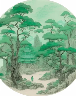 Grayish mint green treetops with a boxer's arena painted by Guo Xi
