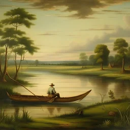 Pintura de paisaje en llanura, plano general, que muestre a un pescador en su canoa al estilo del artista argentino Benito Quinquela Martín.