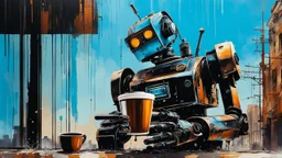 urban decay and crazy rusty scrappy robot drinking coffee, pseudo photo-realism, negative space, amazing reflections, excellent parallels, great verticals, juxtaposition shock, wet print, ink leak, colors of light sky blue and beige and black, whole body visible