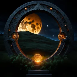 Stone moongate with eldritch symbols. glowing at night under a full moon dark fantasy