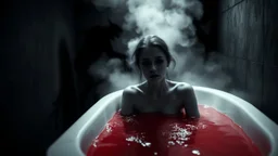 monochrome photo of very blur face sad pale woman sitting in bath tube around her red water, in bath, blur fog, background in corner stands one black demon shadow, dark gray old wall, darkness around, sad, surreal dark vibe, dark colors, in wall opened deep crepy abyss, splash art, cinematic, depressive vibe