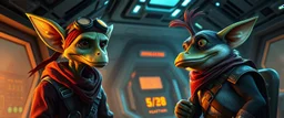 portrait of researcher slender alien rich kobold hill billy fluffy captain pilot focus gremlin cyber punk with two crew members, in sci fi air ship waiting hall, in future dynasty, depth of field, lights with rainbow aura, warrior duck monk with bandana and attitude