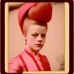 Young Marie-Antoinette in pink and red, high haircut, polaroid