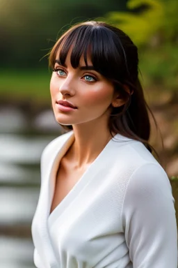 realistic, portrait and full body of a woman standing next to rocky river in country side, beautiful face with nice make up, sunlight, cinematic light, bangs, a beautiful woman, beautiful eyes, brown curved hair, perfect anatomy, very cute, princess eyes , (blue eyes) , nice sport shoes ,Centered image, stylized, life size,8k Resolution, low-cut dress with small blue details, human hands, wonder full, elegant, approaching perfection, dynamic, highly detailed, character sheet,