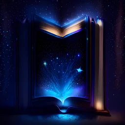 A closed book in a bookshelf with colored edges, dark blue glowing light, fantasy, magic, dark, stars, sparkle