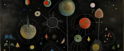 A black outer space with warped planets painted by Paul Klee