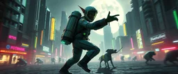 cyberpunk space city, in valley, A space elf cowboy biker astronaut with disco ball rocket backpack named Dave started doing the splits, Blew a fuse in his hips and short-circuited his bits, The Martian fluffy gremlins went wild, the Plutonians dogs screamed, Even black-and-white aliens turned ultraviolet green! in the style of fallout 4 and HR Giger, background motion blur , and volume fog spot lights