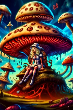 Alice in Wonderland, in a space suit, sitting on a huge mushroom, with tentacles hanging down, in an alien landscape